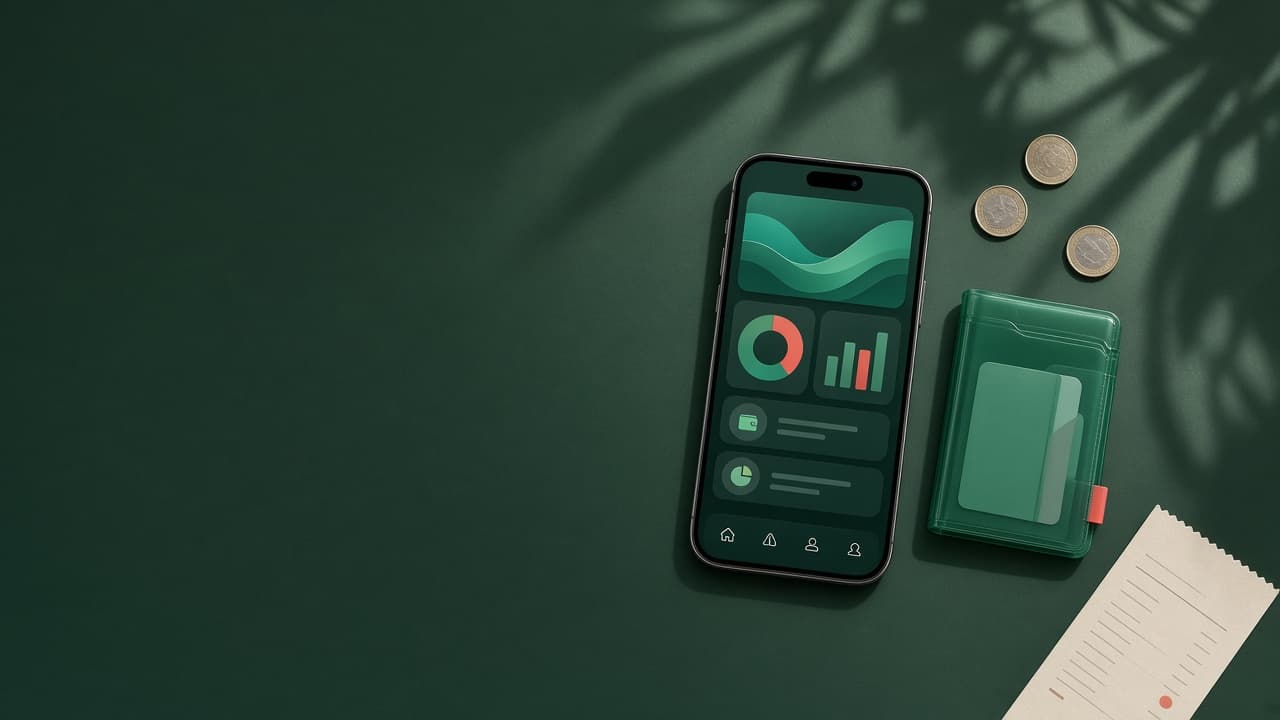 A phone, wallet, receipt, and coins on a deep green desk